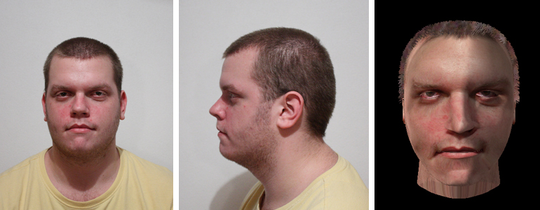 Front (Left) and profile (Middle) source photographs and reconstructed 3D head model (Right)